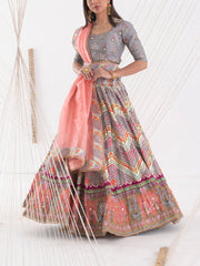 Grey Vasansi Silk Leheriya Printed Lehenga Set