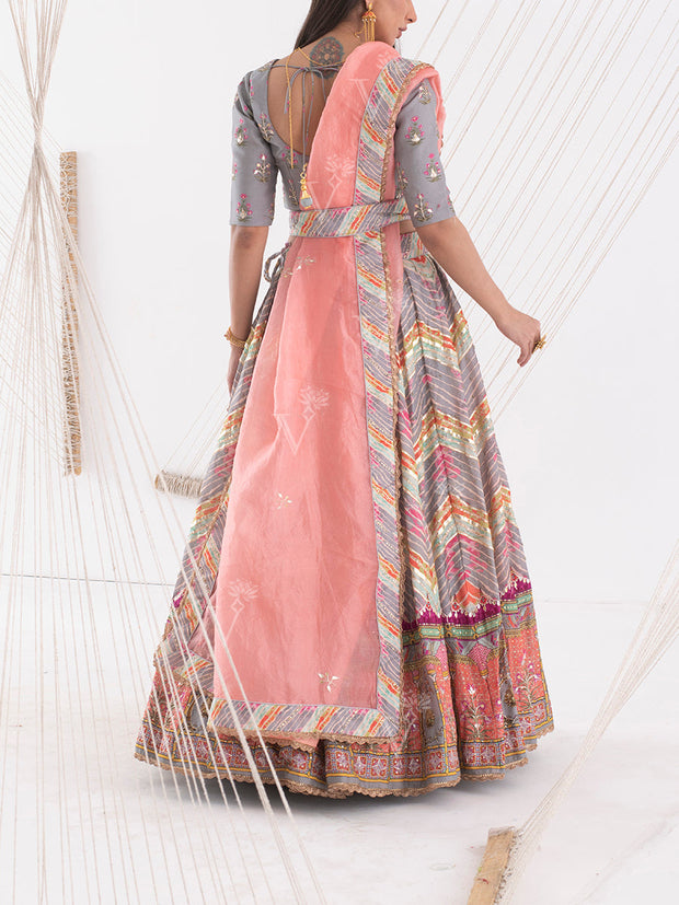 Grey Vasansi Silk Leheriya Printed Lehenga Set