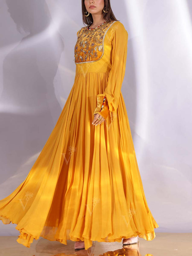 Yellow Embroidered Georgette Jumpsuit