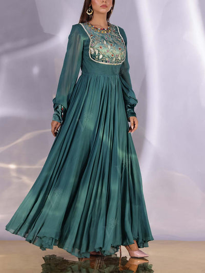 Green Georgette Embroidered Gown