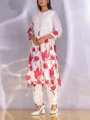 White and Red Vasansi Silk Pant Set