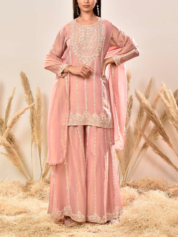 Pink Embroidered Shimmer Tissue Kurta and Palazzo set