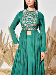 Green Embroidered Wrinkle Crepe Kurta and Skirt Set