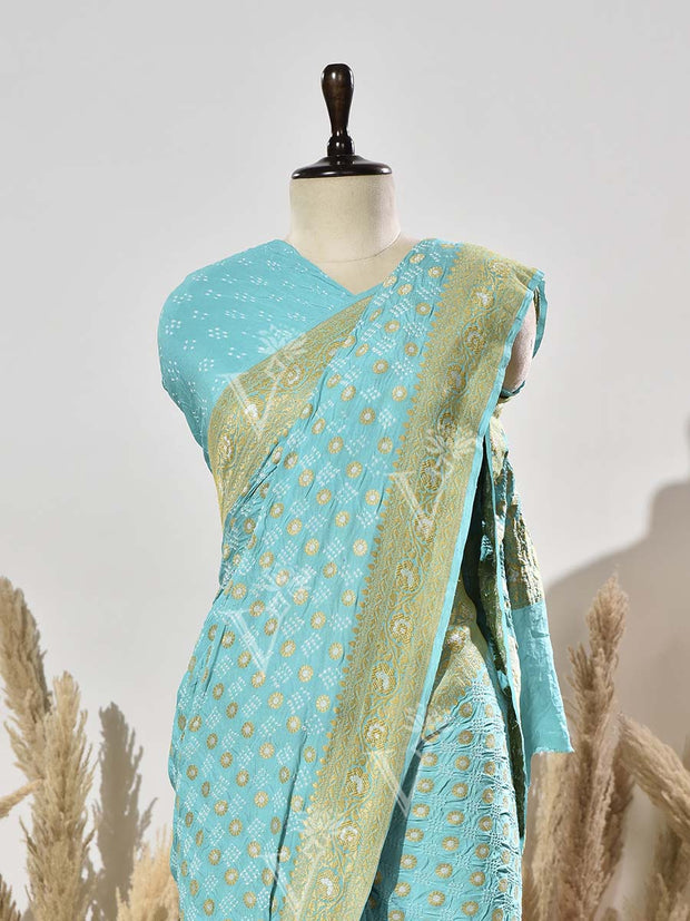 Sky Blue Pure Georgette Bandhani Saree