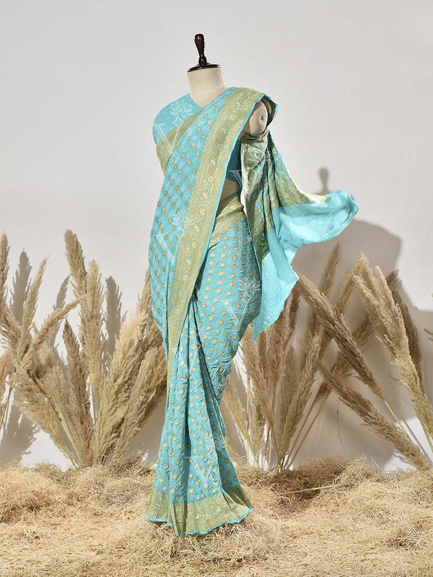 Sky Blue Pure Georgette Bandhani Saree