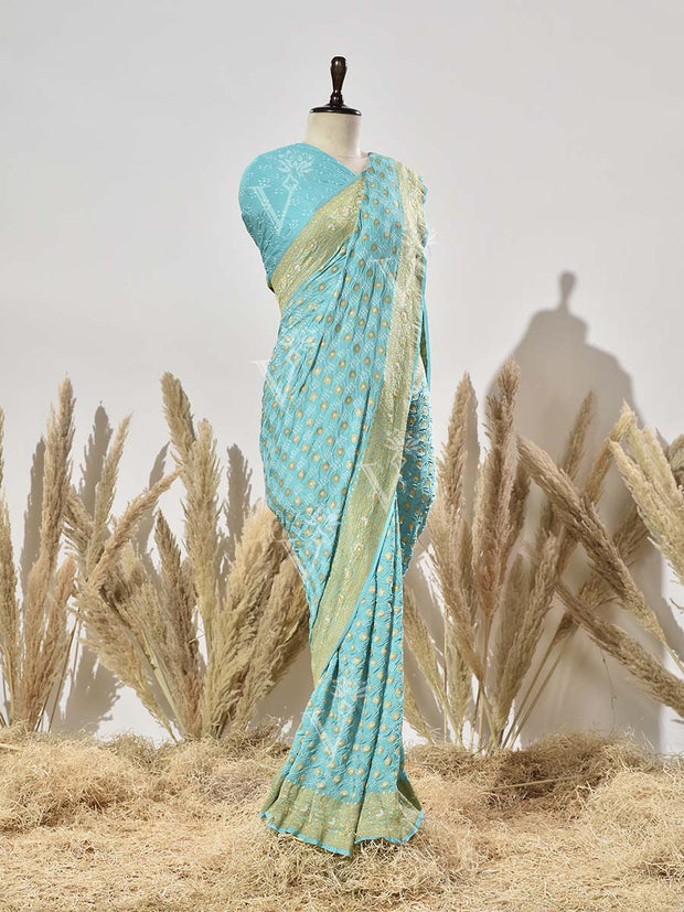 Sky Blue Pure Georgette Bandhani Saree