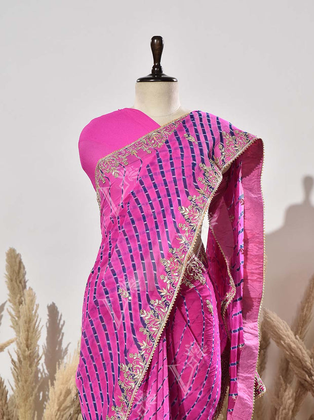 Pink Leheriya Georgette Gota Patti Saree