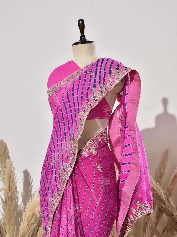 Pink Leheriya Georgette Gota Patti Saree