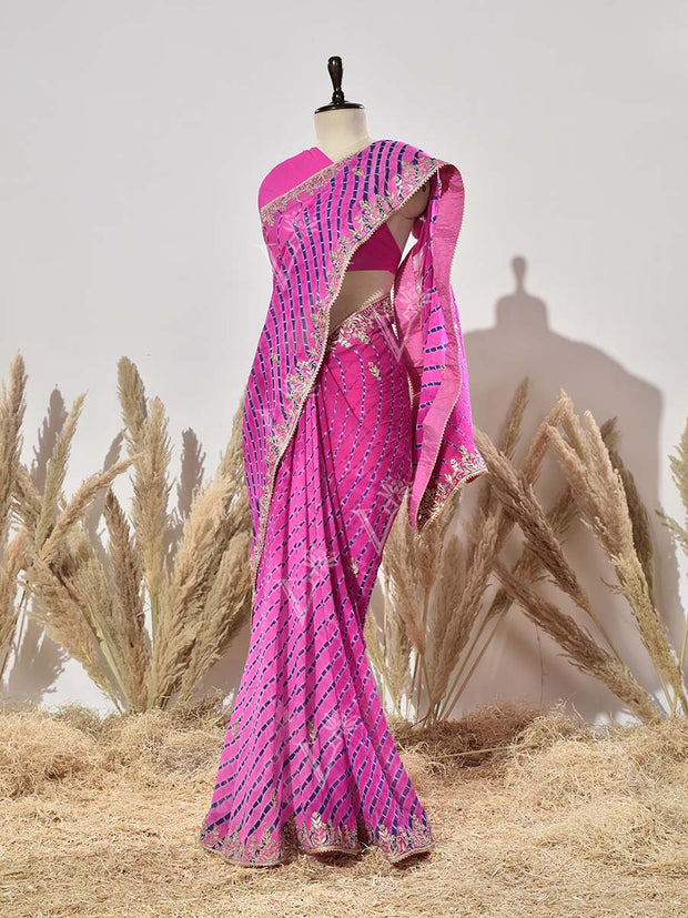 Pink Leheriya Georgette Gota Patti Saree