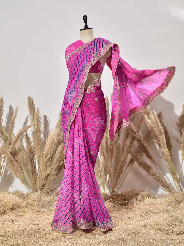 Pink Leheriya Georgette Gota Patti Saree