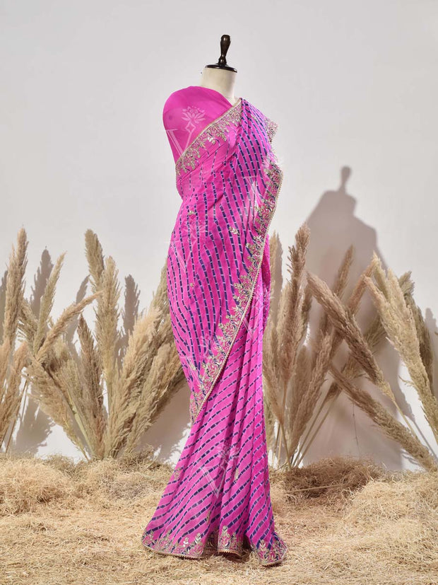 Pink Leheriya Georgette Gota Patti Saree