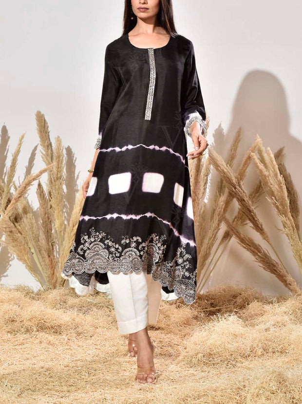Black Embroidered Silk Kurta and Pant Set