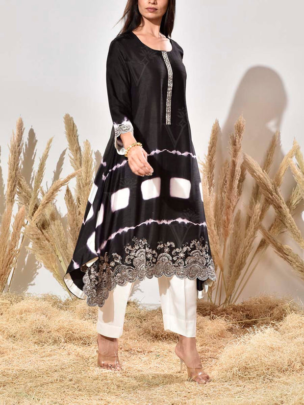 Black Embroidered Silk Kurta and Pant Set