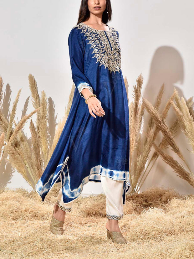 Blue Embroidered Silk Kurta and Pant Set