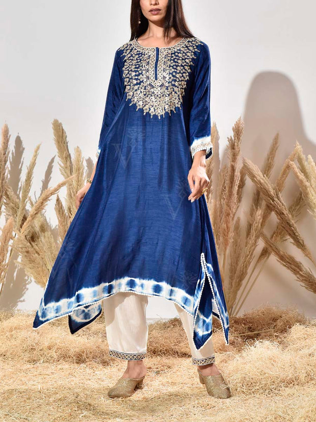 Blue Embroidered Silk Kurta and Pant Set