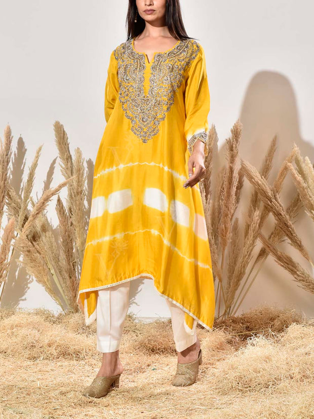 Yellow Embroidered Silk Kurta and Pant Set