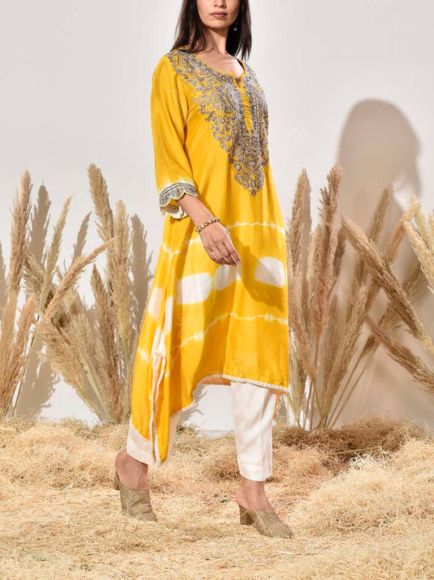 Yellow Embroidered Silk Kurta and Pant Set