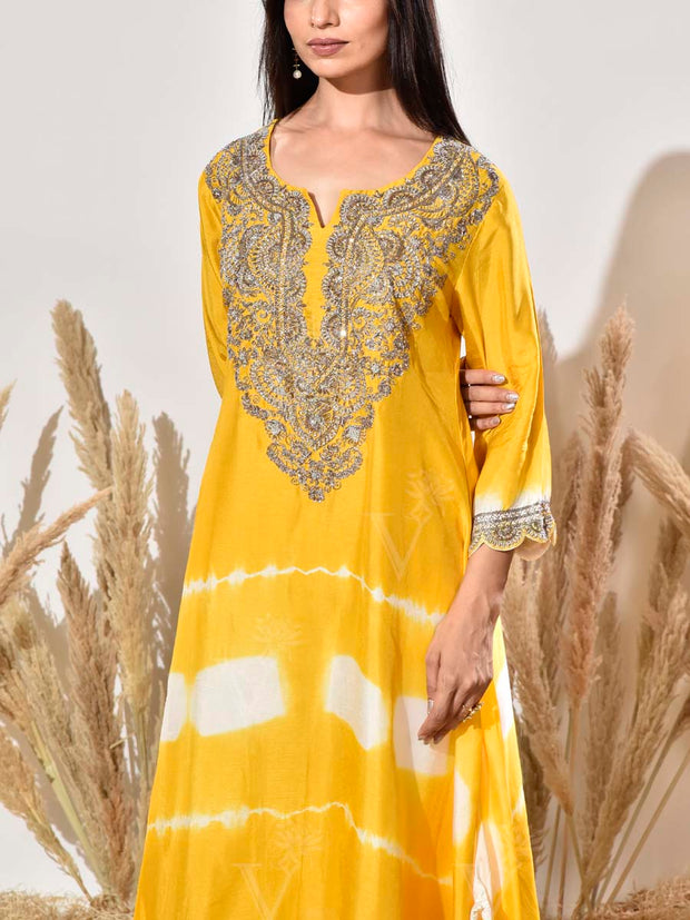 Yellow Embroidered Silk Kurta and Pant Set