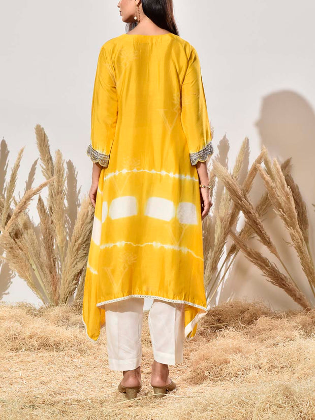 Yellow Embroidered Silk Kurta and Pant Set
