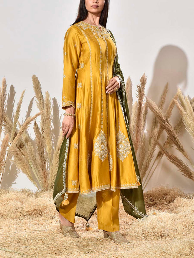 Yellow Chanderi Embroidered Anarkali Suit Set