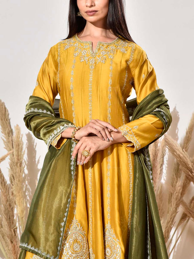 Yellow Chanderi Embroidered Anarkali Suit Set