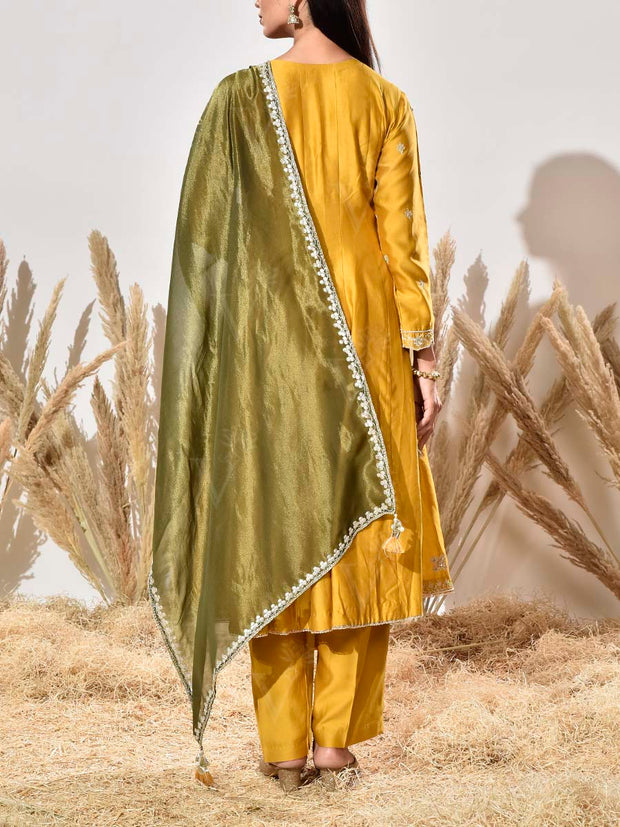 Yellow Chanderi Embroidered Anarkali Suit Set