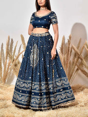 Blue Embroidered Satin Bandhani Lehenga Set