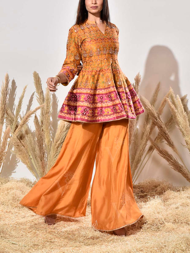 Mustard Vasansi Silk Embroidered Peplum and Palazzo Set
