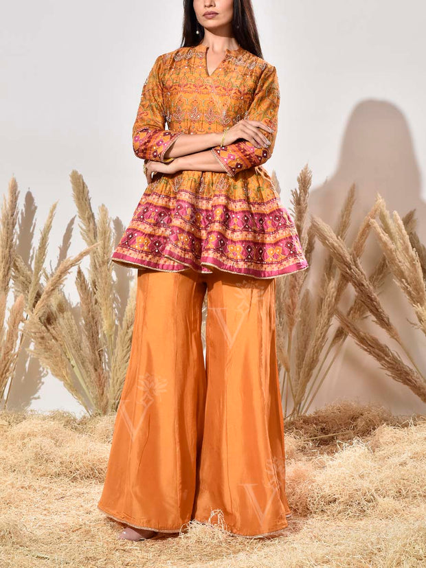 Mustard Vasansi Silk Embroidered Peplum and Palazzo Set