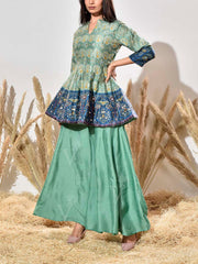 Green and Blue Embroidered Peplum and Palazzo Set