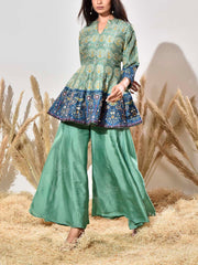 Green and Blue Embroidered Peplum and Palazzo Set