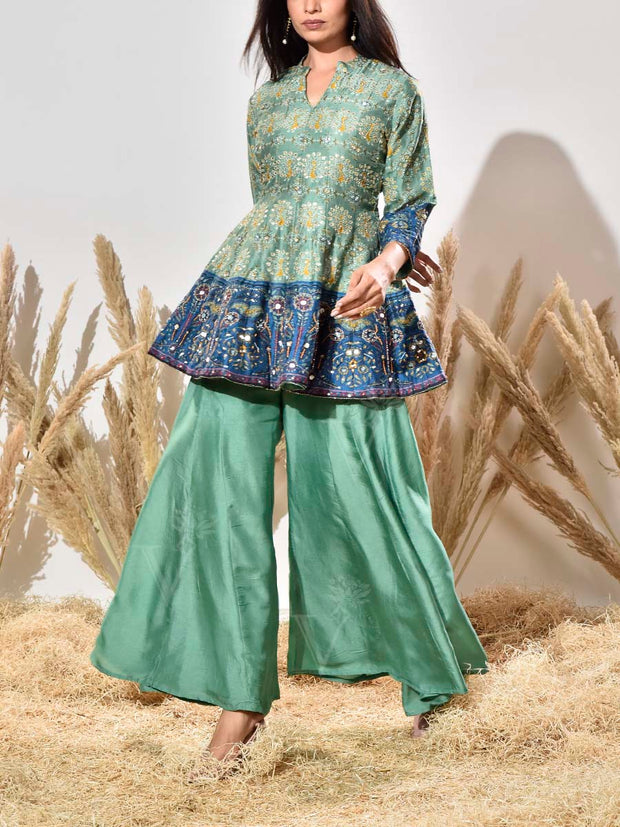 Green and Blue Embroidered Peplum and Palazzo Set