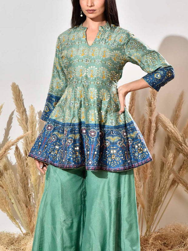 Green and Blue Embroidered Peplum and Palazzo Set