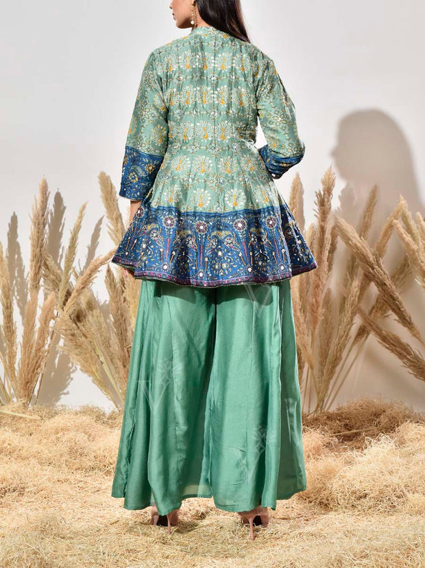 Green and Blue Embroidered Peplum and Palazzo Set