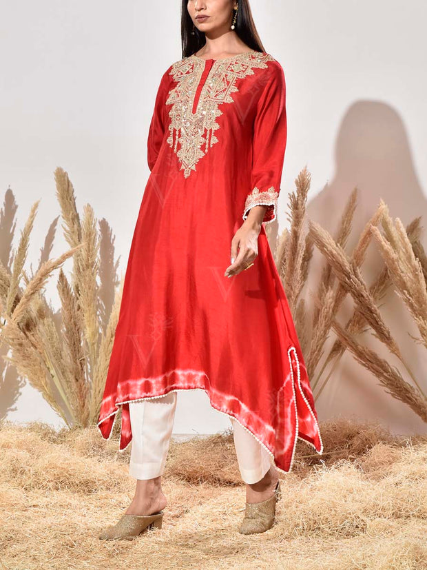 Red Embroidered Silk Kurta and Pant Set