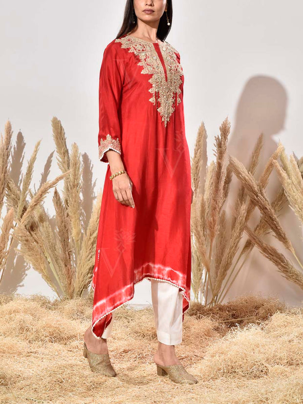 Red Embroidered Silk Kurta and Pant Set