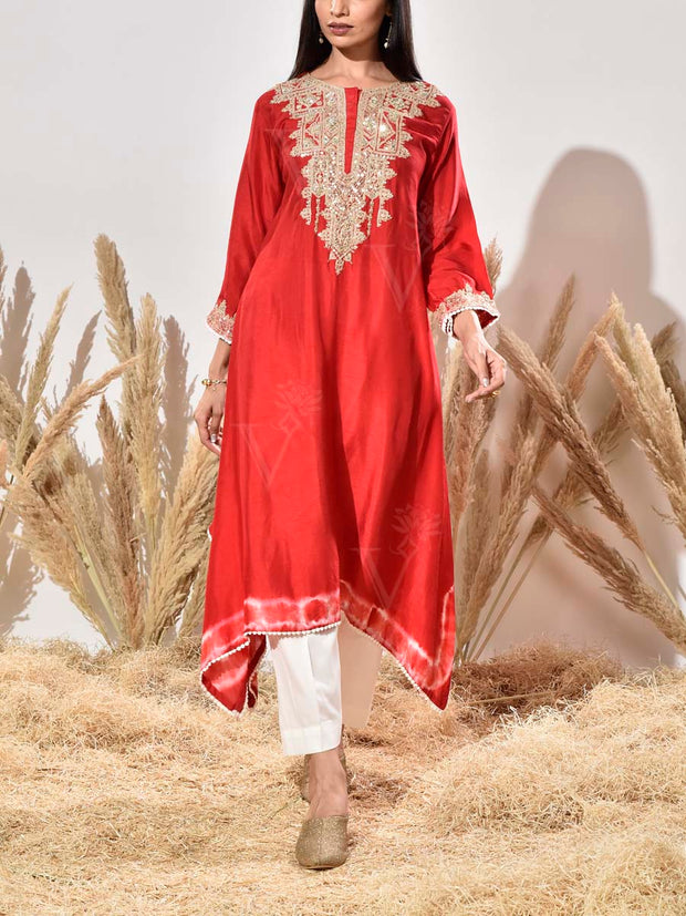 Red Embroidered Silk Kurta and Pant Set