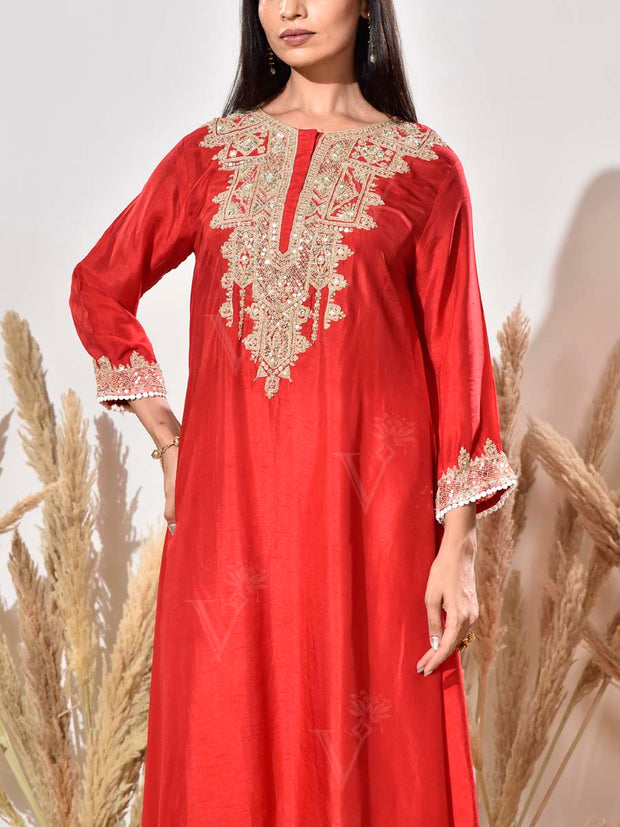 Red Embroidered Silk Kurta and Pant Set