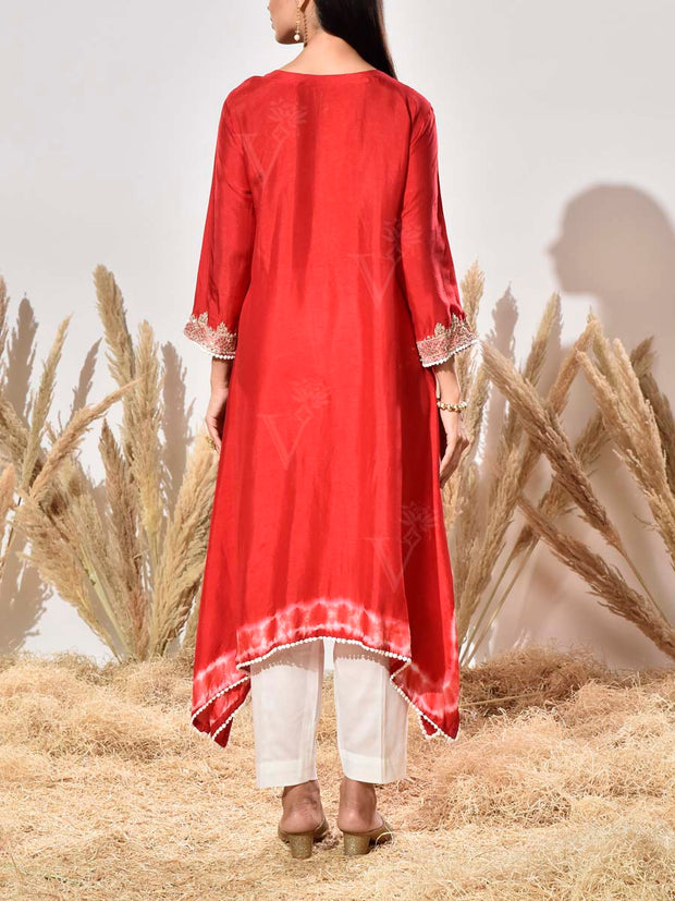 Red Embroidered Silk Kurta and Pant Set