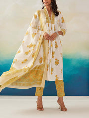 White and Yellow Cotton Printed Suit Set