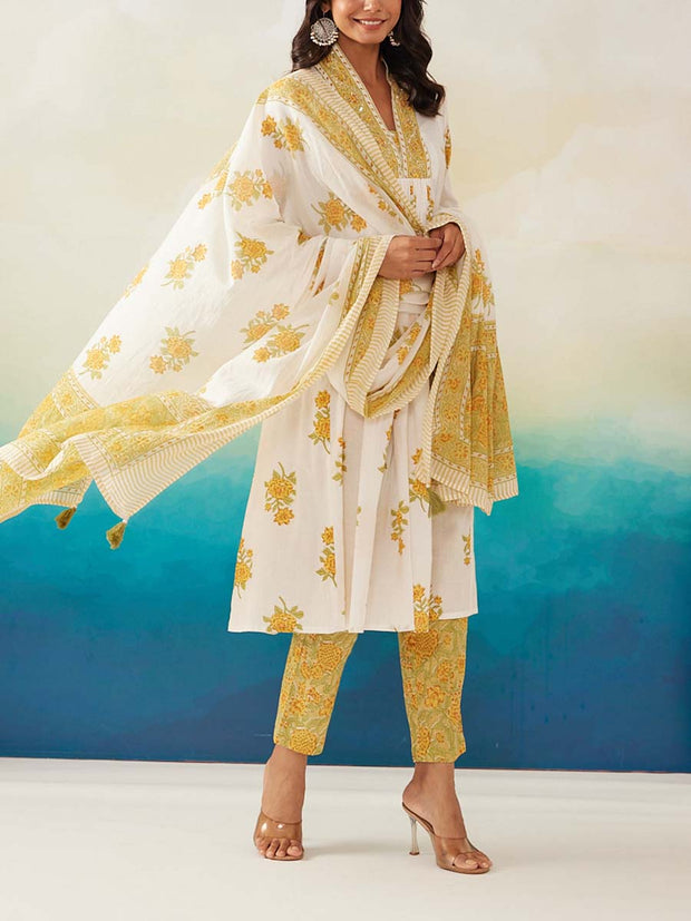 White and Yellow Cotton Printed Suit Set