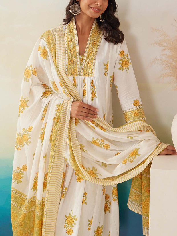 White and Yellow Cotton Printed Suit Set