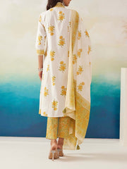 White and Yellow Cotton Printed Suit Set