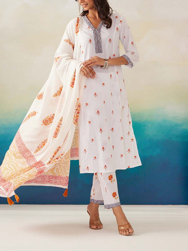 White Cotton Printed Suit Set