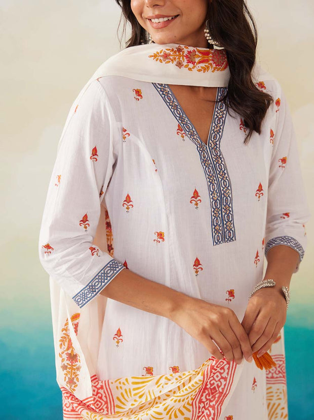 White Cotton Printed Suit Set