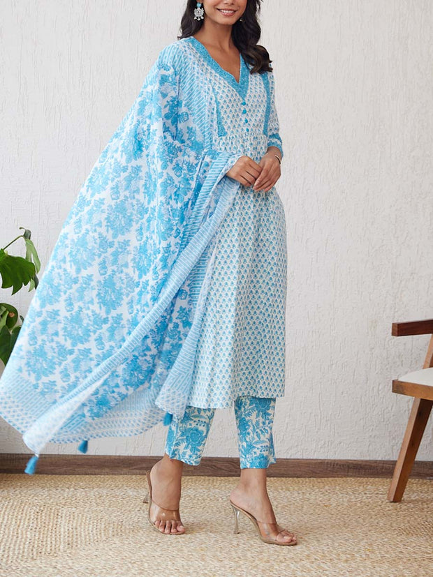 Sky Blue Cotton Printed Suit Set