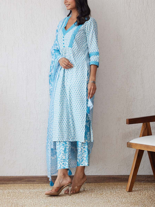 Sky Blue Cotton Printed Suit Set