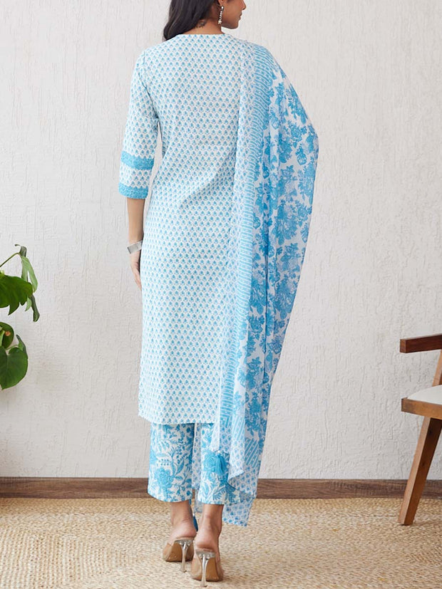 Sky Blue Cotton Printed Suit Set