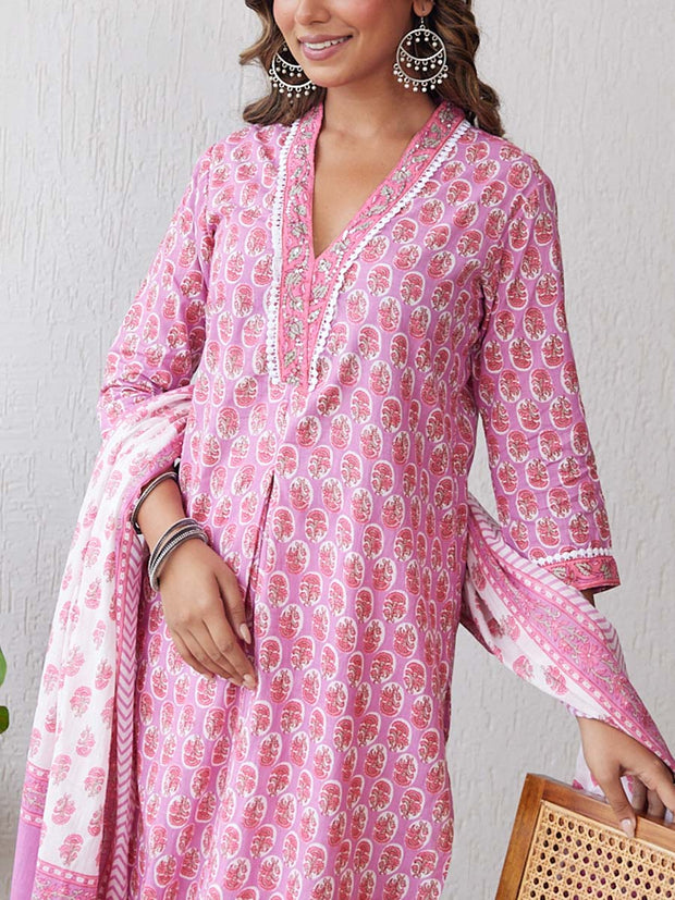 Pink Cotton Printed Suit Set