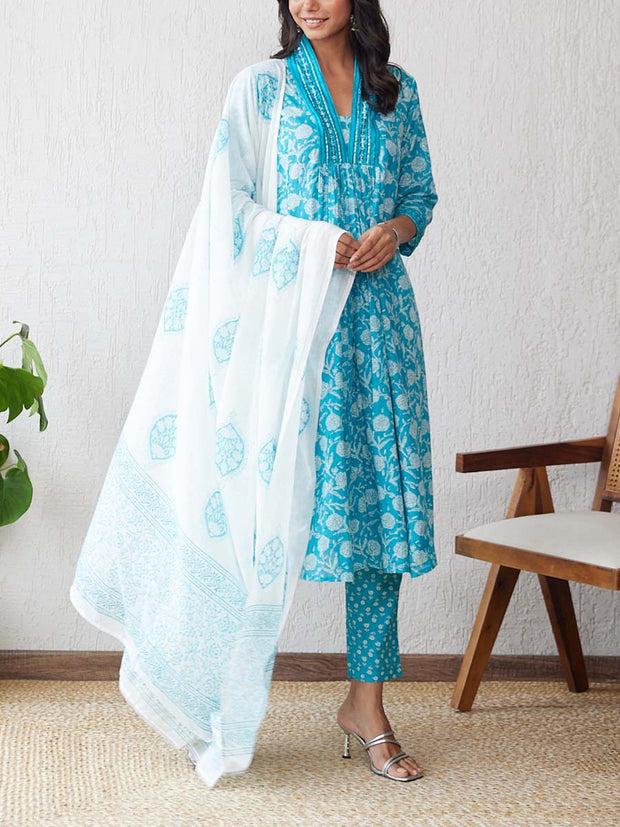 Blue Cotton Printed Suit Set